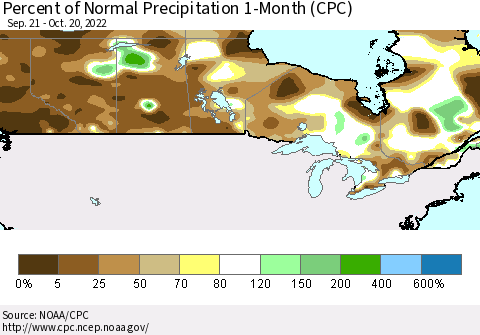 Canada Percent of Normal Precipitation 1-Month (CPC) Thematic Map For 9/21/2022 - 10/20/2022