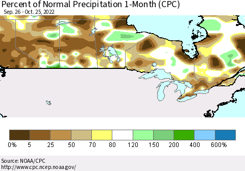 Canada Percent of Normal Precipitation 1-Month (CPC) Thematic Map For 9/26/2022 - 10/25/2022