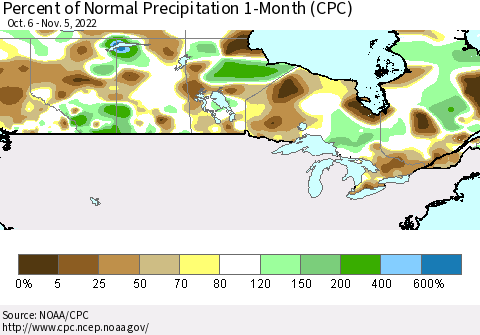 Canada Percent of Normal Precipitation 1-Month (CPC) Thematic Map For 10/6/2022 - 11/5/2022