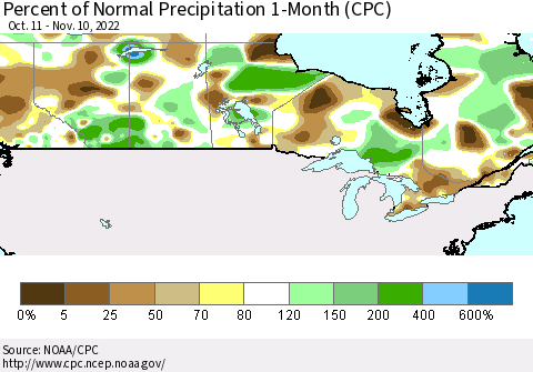 Canada Percent of Normal Precipitation 1-Month (CPC) Thematic Map For 10/11/2022 - 11/10/2022