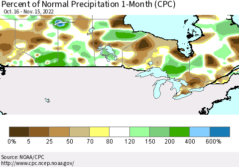 Canada Percent of Normal Precipitation 1-Month (CPC) Thematic Map For 10/16/2022 - 11/15/2022