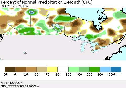 Canada Percent of Normal Precipitation 1-Month (CPC) Thematic Map For 10/21/2022 - 11/20/2022