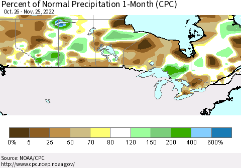 Canada Percent of Normal Precipitation 1-Month (CPC) Thematic Map For 10/26/2022 - 11/25/2022
