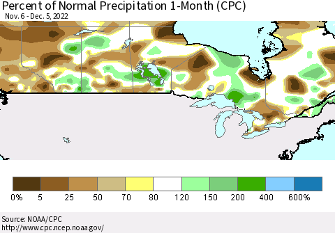 Canada Percent of Normal Precipitation 1-Month (CPC) Thematic Map For 11/6/2022 - 12/5/2022
