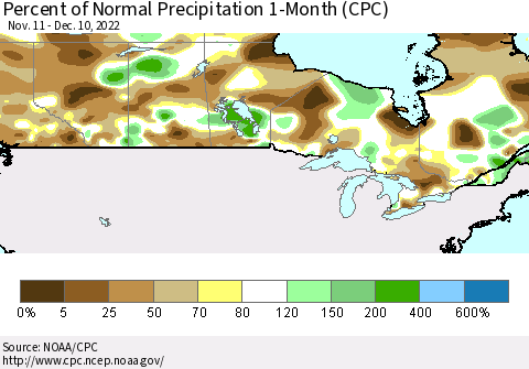 Canada Percent of Normal Precipitation 1-Month (CPC) Thematic Map For 11/11/2022 - 12/10/2022