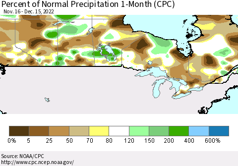 Canada Percent of Normal Precipitation 1-Month (CPC) Thematic Map For 11/16/2022 - 12/15/2022