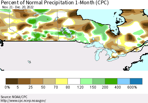 Canada Percent of Normal Precipitation 1-Month (CPC) Thematic Map For 11/21/2022 - 12/20/2022