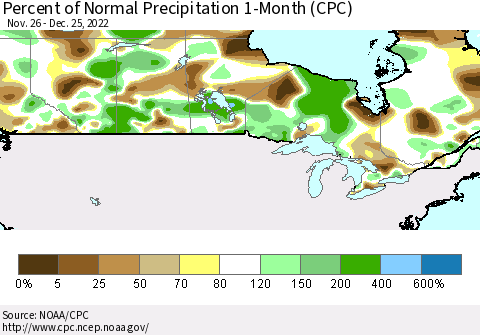Canada Percent of Normal Precipitation 1-Month (CPC) Thematic Map For 11/26/2022 - 12/25/2022