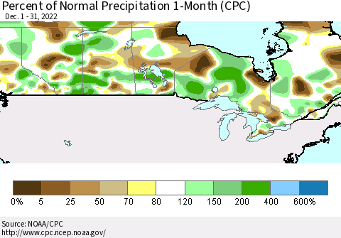 Canada Percent of Normal Precipitation 1-Month (CPC) Thematic Map For 12/1/2022 - 12/31/2022