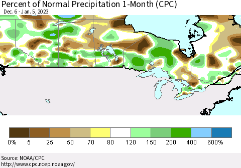 Canada Percent of Normal Precipitation 1-Month (CPC) Thematic Map For 12/6/2022 - 1/5/2023