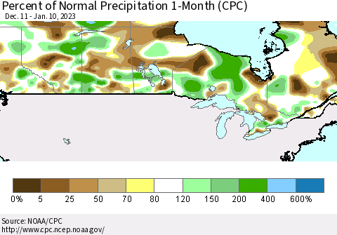 Canada Percent of Normal Precipitation 1-Month (CPC) Thematic Map For 12/11/2022 - 1/10/2023