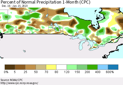 Canada Percent of Normal Precipitation 1-Month (CPC) Thematic Map For 12/16/2022 - 1/15/2023