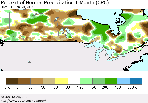 Canada Percent of Normal Precipitation 1-Month (CPC) Thematic Map For 12/21/2022 - 1/20/2023