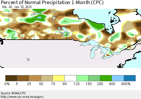 Canada Percent of Normal Precipitation 1-Month (CPC) Thematic Map For 12/26/2022 - 1/25/2023