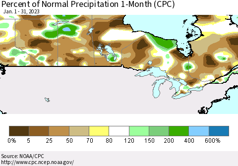 Canada Percent of Normal Precipitation 1-Month (CPC) Thematic Map For 1/1/2023 - 1/31/2023
