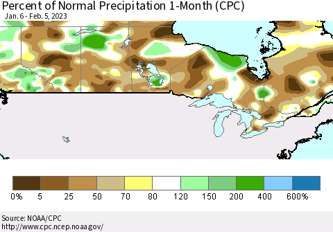 Canada Percent of Normal Precipitation 1-Month (CPC) Thematic Map For 1/6/2023 - 2/5/2023