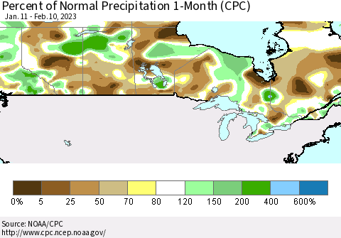 Canada Percent of Normal Precipitation 1-Month (CPC) Thematic Map For 1/11/2023 - 2/10/2023