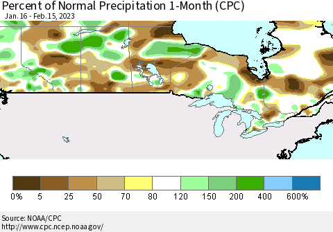 Canada Percent of Normal Precipitation 1-Month (CPC) Thematic Map For 1/16/2023 - 2/15/2023