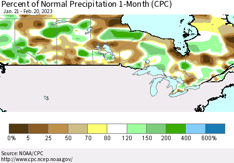 Canada Percent of Normal Precipitation 1-Month (CPC) Thematic Map For 1/21/2023 - 2/20/2023