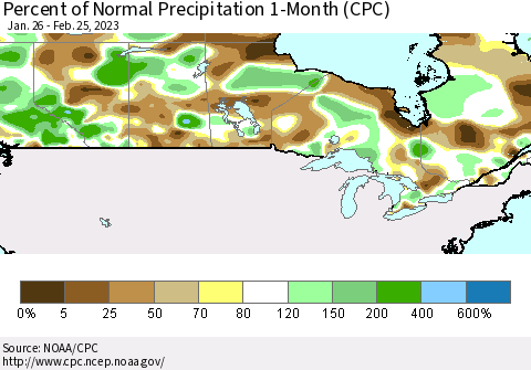 Canada Percent of Normal Precipitation 1-Month (CPC) Thematic Map For 1/26/2023 - 2/25/2023