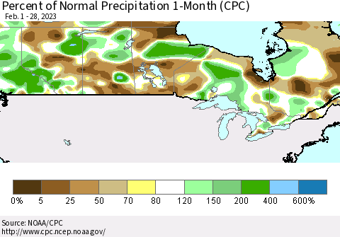 Canada Percent of Normal Precipitation 1-Month (CPC) Thematic Map For 2/1/2023 - 2/28/2023