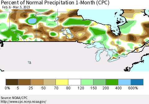 Canada Percent of Normal Precipitation 1-Month (CPC) Thematic Map For 2/6/2023 - 3/5/2023