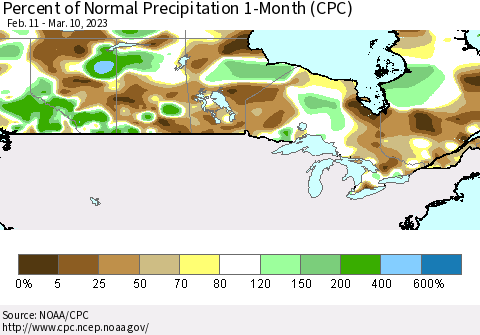 Canada Percent of Normal Precipitation 1-Month (CPC) Thematic Map For 2/11/2023 - 3/10/2023