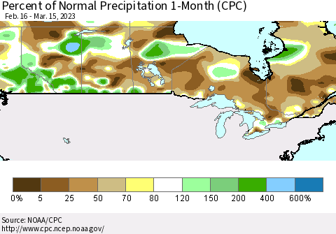 Canada Percent of Normal Precipitation 1-Month (CPC) Thematic Map For 2/16/2023 - 3/15/2023