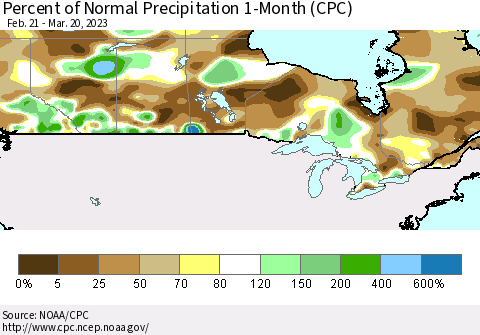 Canada Percent of Normal Precipitation 1-Month (CPC) Thematic Map For 2/21/2023 - 3/20/2023