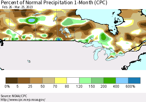 Canada Percent of Normal Precipitation 1-Month (CPC) Thematic Map For 2/26/2023 - 3/25/2023