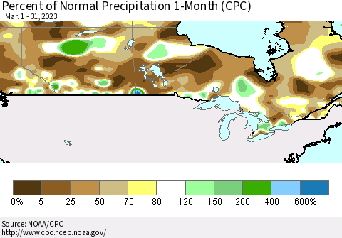 Canada Percent of Normal Precipitation 1-Month (CPC) Thematic Map For 3/1/2023 - 3/31/2023