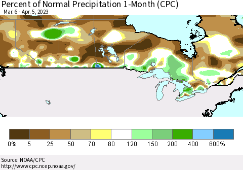 Canada Percent of Normal Precipitation 1-Month (CPC) Thematic Map For 3/6/2023 - 4/5/2023