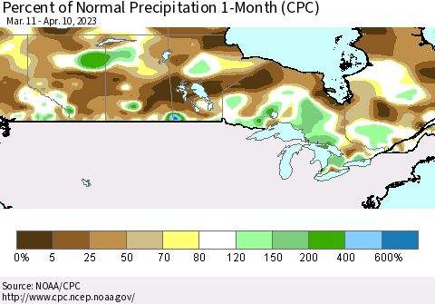 Canada Percent of Normal Precipitation 1-Month (CPC) Thematic Map For 3/11/2023 - 4/10/2023