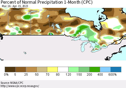 Canada Percent of Normal Precipitation 1-Month (CPC) Thematic Map For 3/16/2023 - 4/15/2023