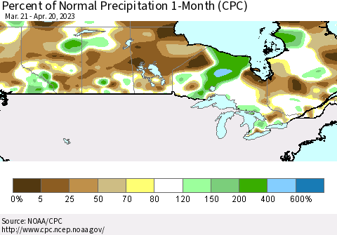 Canada Percent of Normal Precipitation 1-Month (CPC) Thematic Map For 3/21/2023 - 4/20/2023