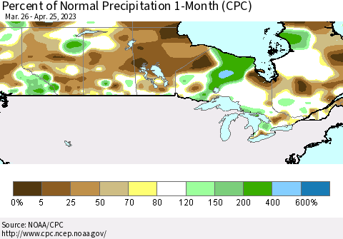 Canada Percent of Normal Precipitation 1-Month (CPC) Thematic Map For 3/26/2023 - 4/25/2023