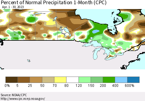 Canada Percent of Normal Precipitation 1-Month (CPC) Thematic Map For 4/1/2023 - 4/30/2023