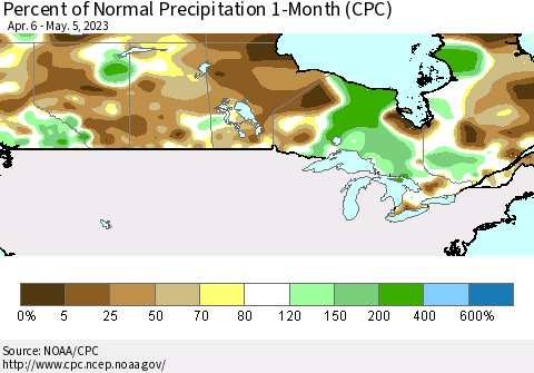 Canada Percent of Normal Precipitation 1-Month (CPC) Thematic Map For 4/6/2023 - 5/5/2023