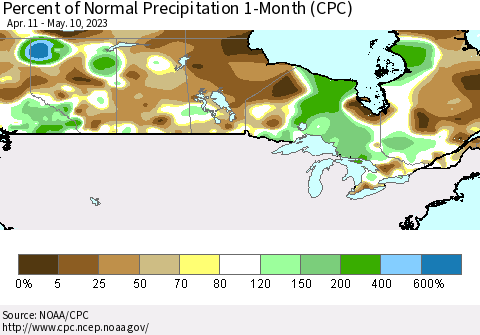 Canada Percent of Normal Precipitation 1-Month (CPC) Thematic Map For 4/11/2023 - 5/10/2023