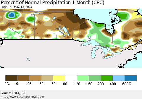 Canada Percent of Normal Precipitation 1-Month (CPC) Thematic Map For 4/16/2023 - 5/15/2023