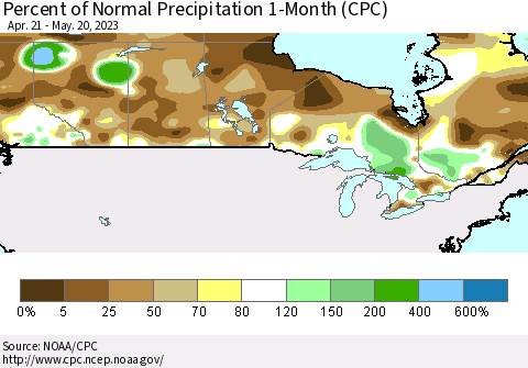 Canada Percent of Normal Precipitation 1-Month (CPC) Thematic Map For 4/21/2023 - 5/20/2023