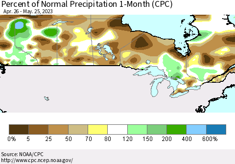 Canada Percent of Normal Precipitation 1-Month (CPC) Thematic Map For 4/26/2023 - 5/25/2023