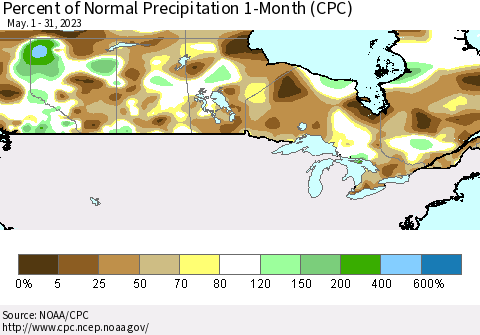 Canada Percent of Normal Precipitation 1-Month (CPC) Thematic Map For 5/1/2023 - 5/31/2023