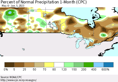 Canada Percent of Normal Precipitation 1-Month (CPC) Thematic Map For 5/6/2023 - 6/5/2023