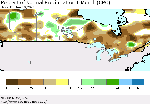 Canada Percent of Normal Precipitation 1-Month (CPC) Thematic Map For 5/11/2023 - 6/10/2023