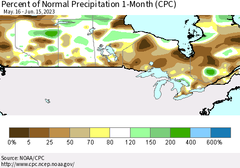 Canada Percent of Normal Precipitation 1-Month (CPC) Thematic Map For 5/16/2023 - 6/15/2023