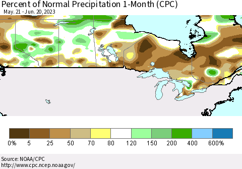 Canada Percent of Normal Precipitation 1-Month (CPC) Thematic Map For 5/21/2023 - 6/20/2023