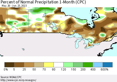 Canada Percent of Normal Precipitation 1-Month (CPC) Thematic Map For 5/26/2023 - 6/25/2023