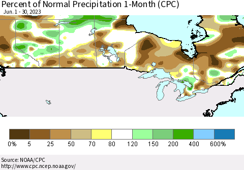 Canada Percent of Normal Precipitation 1-Month (CPC) Thematic Map For 6/1/2023 - 6/30/2023