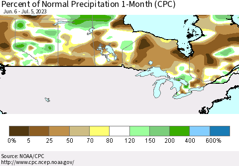Canada Percent of Normal Precipitation 1-Month (CPC) Thematic Map For 6/6/2023 - 7/5/2023